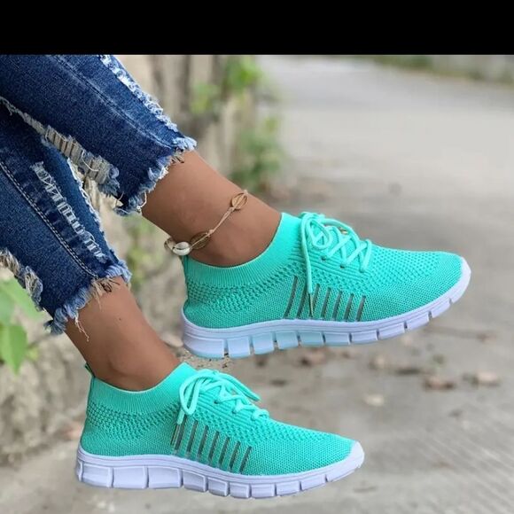 Ladies Sport Shoes Mesh Lace-up Non Slip Running Breathable Sneakers Sky Blue - Picture 2 of 11